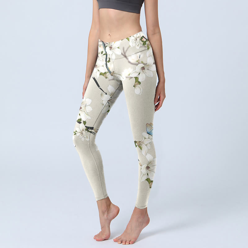 Buddha Stones White Magnolia Flower Print Sports Fitness Leggings