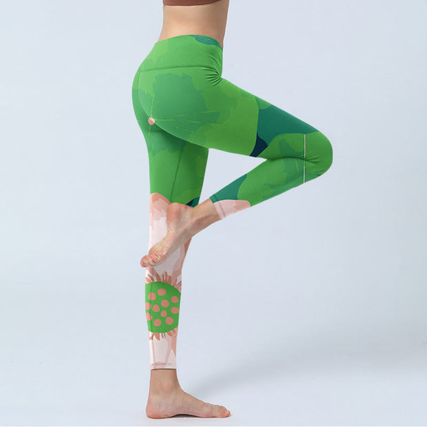 Buddha Stones Green Lotus Flower Leaf Print Sports Fitness Leggings Women's Yoga Pants - image 4