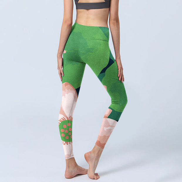 Buddha Stones Green Lotus Flower Leaf Print Sports Fitness Leggings Women's Yoga Pants