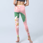 Buddha Stones Pink Lotus Flower Leaf Print Gym Fitness Leggings Women's Yoga Pants