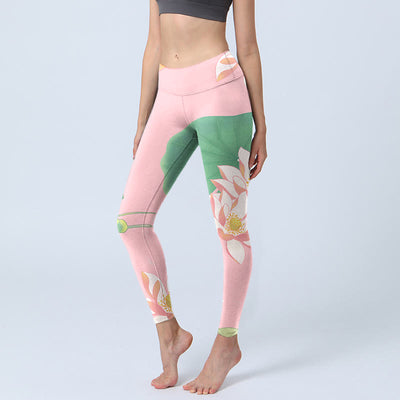 Buddha Stones Pink Lotus Flower Leaf Print Gym Fitness Leggings Women's Yoga Pants