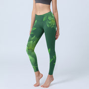 Buddha Stones Dark Green Lotus Flower Leaf Print Gym Fitness Leggings Women's Yoga Pants