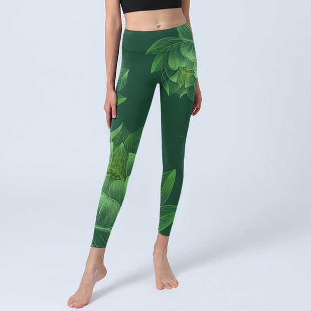 Buddha Stones Dark Green Lotus Flower Leaf Print Gym Fitness Leggings Women's Yoga Pants