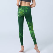 Buddha Stones Dark Green Lotus Flower Leaf Print Gym Fitness Leggings Women's Yoga Pants