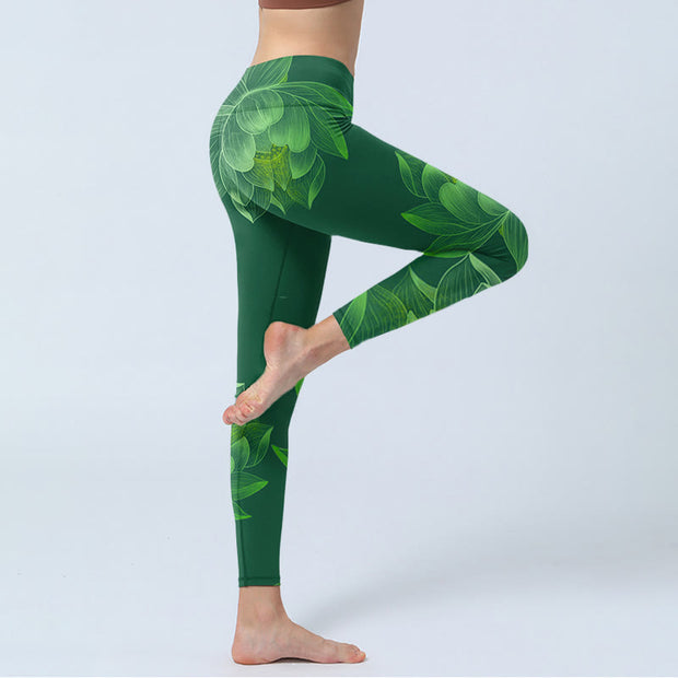 Buddha Stones Dark Green Lotus Flower Leaf Print Gym Fitness Leggings Women's Yoga Pants - image 5