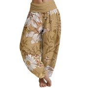 Buddha Stones Daisy White Flowers Pattern Women's Elastic Waist Harem Pants