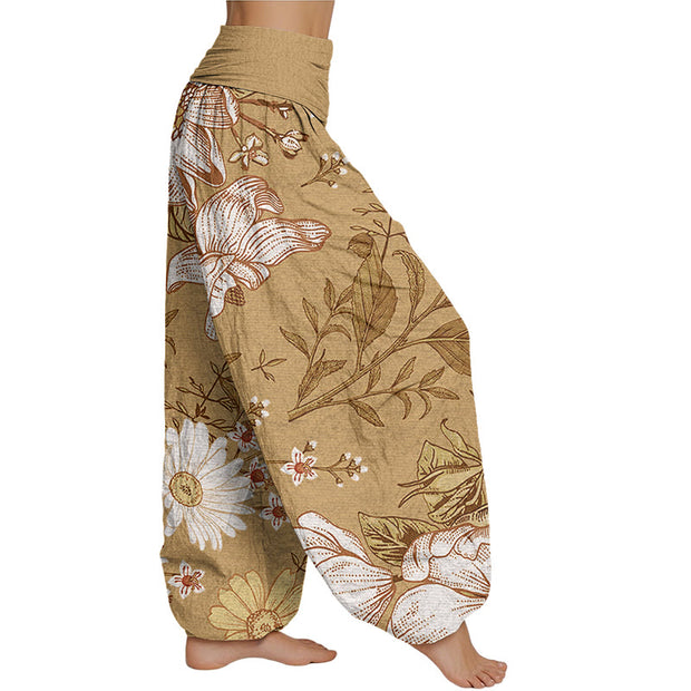 Buddha Stones Daisy White Flowers Pattern Women's Elastic Waist Harem Pants