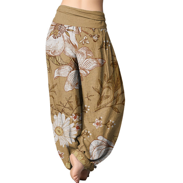 Buddha Stones Daisy White Flowers Pattern Women's Elastic Waist Harem Pants