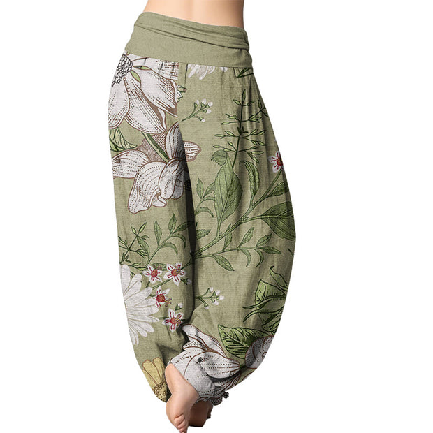 Buddha Stones Daisy White Flowers Pattern Women's Elastic Waist Harem Pants