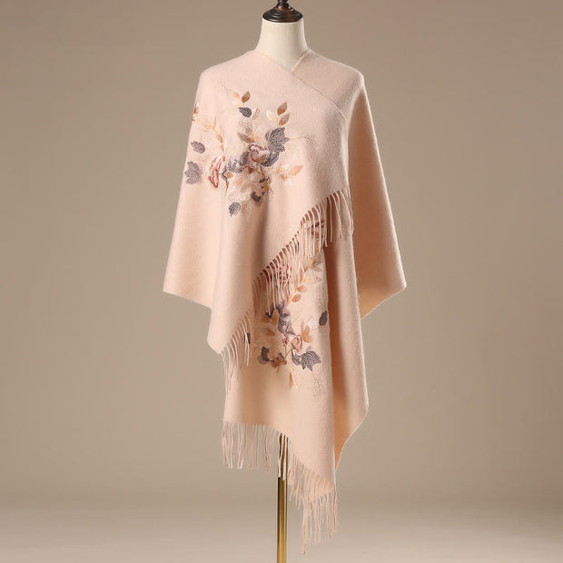 Buddha Stones Wool Shawl White Pink Flowers Golden Leaves Embroidery Tassel Winter Cozy Travel Scarf Wrap Shawl BS PeachPuff 200*60cm