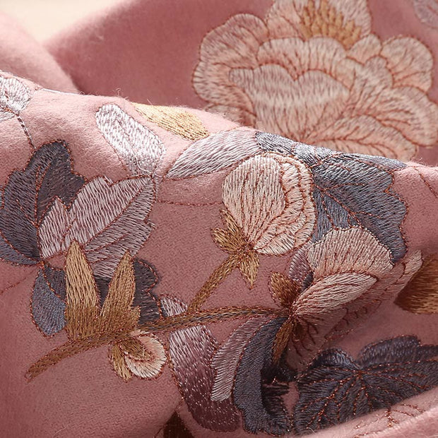 Buddha Stones Wool Shawl White Pink Flowers Golden Leaves Embroidery Tassel Winter Cozy Travel Scarf Wrap Shawl BS 11