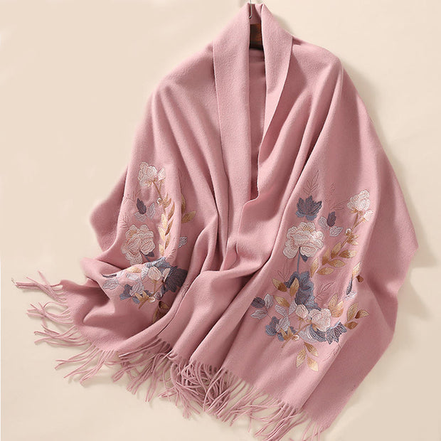 Buddha Stones Wool Shawl White Pink Flowers Golden Leaves Embroidery Tassel Winter Cozy Travel Scarf Wrap