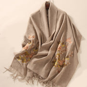 Buddha Stones Wool Shawl White Pink Flowers Golden Leaves Embroidery Tassel Winter Cozy Travel Scarf Wrap Shawl BS 8