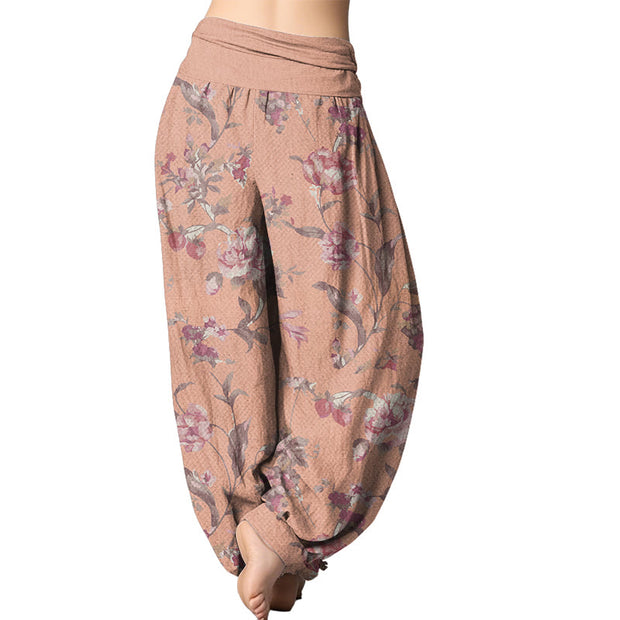 Buddha Stones Casual Pink Flowers Pattern Women's Elastic Waist Harem Pants