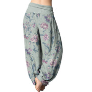 Buddha Stones Casual Pink Flowers Pattern Women's Elastic Waist Harem Pants