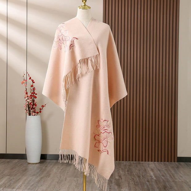 Buddha Stones Wool Shawl Lily Embroidery Tassel Winter Cozy Travel Scarf Wrap Shawl BS PeachPuff 200*60cm