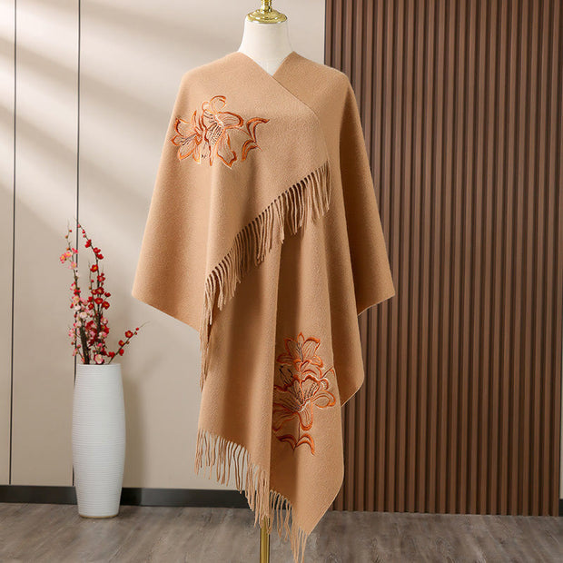 Buddha Stones Wool Shawl Lily Embroidery Tassel Winter Cozy Travel Scarf Wrap Shawl BS BurlyWood 200*60cm