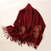 Buddha Stones Wool Shawl Lily Embroidery Tassel Winter Cozy Travel Scarf Wrap Shawl BS FireBrick 200*60cm