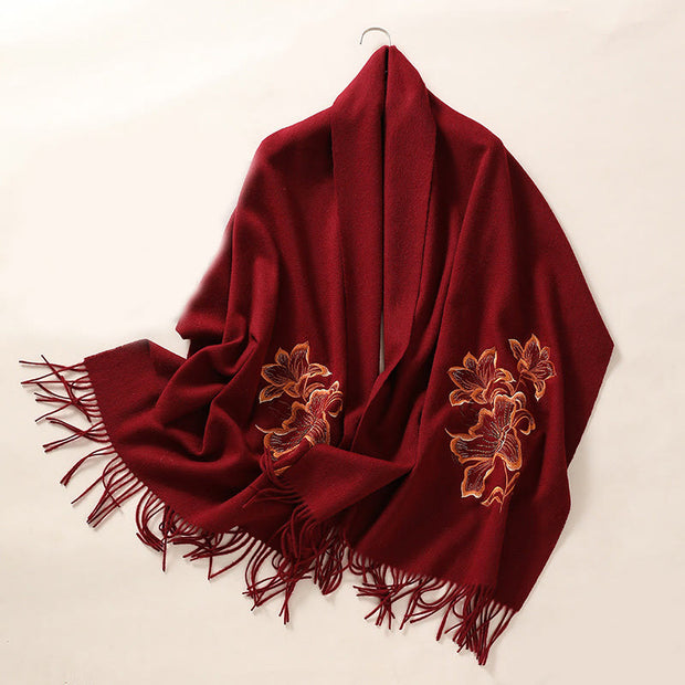 Buddha Stones Wool Shawl Lily Embroidery Tassel Winter Cozy Travel Scarf Wrap Shawl BS FireBrick 200*60cm