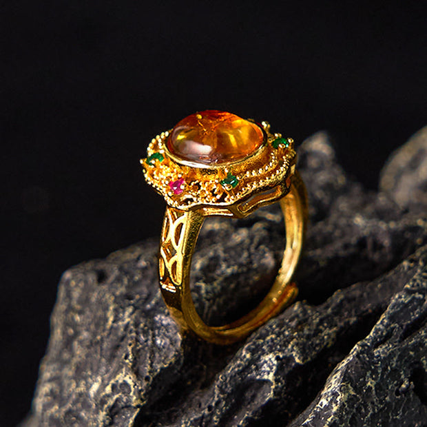 Buddha Stones Flower Amber Hollow Lace Setting Confidence Ring