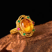 Buddha Stones Flower Amber Hollow Lace Setting Confidence Ring