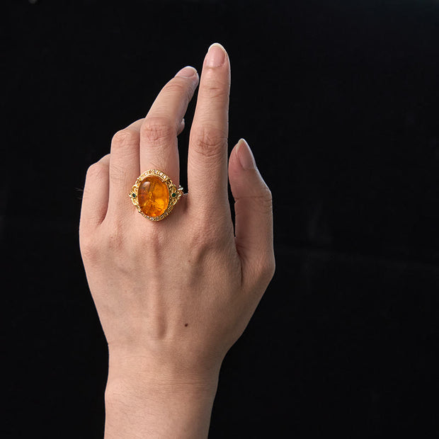 Buddha Stones Amber Flower Pigeon Egg Focus Ring