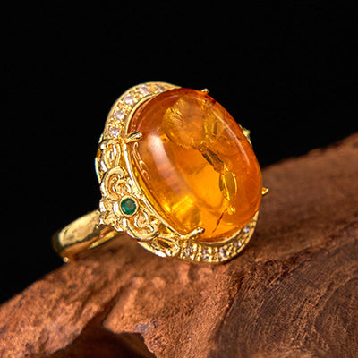 Buddha Stones Amber Flower Pigeon Egg Pattern Focus Ring Ring BS Amber(Circumference: 58-62mm)