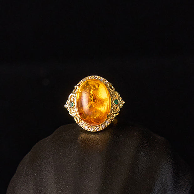 Buddha Stones Amber Flower Pigeon Egg Pattern Focus Ring Ring BS 13