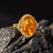 Buddha Stones Amber Flower Pigeon Egg Pattern Focus Ring Ring BS 1