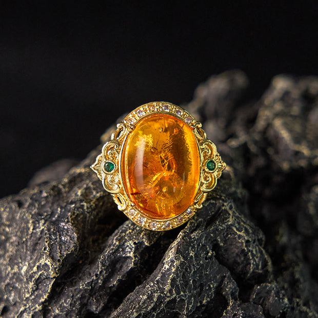 Buddha Stones Amber Flower Pigeon Egg Focus Ring