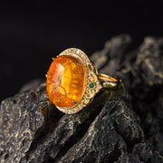 Buddha Stones Amber Flower Pigeon Egg Pattern Focus Ring