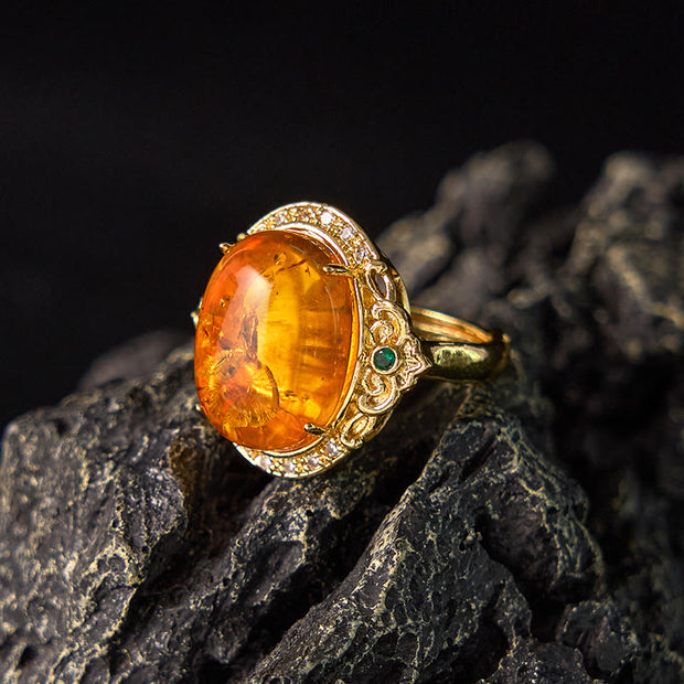 Buddha Stones Amber Flower Pigeon Egg Focus Ring