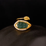 Buddha Stones Plated Gold Natural Jade Leaf Prosperity Adjustable Ring