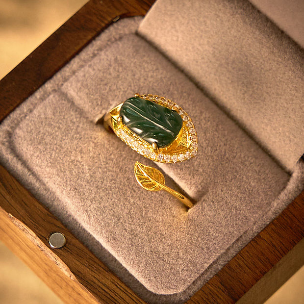 FREE Today: New Beginnings Copper Plated Gold Natural Jade Leaf Adjustable Ring