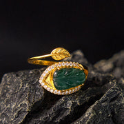 Buddha Stones Plated Gold Natural Jade Leaf Prosperity Adjustable Ring