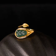 Buddha Stones Plated Gold Natural Jade Leaf Prosperity Adjustable Ring