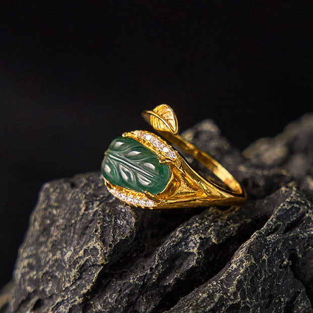 FREE Today: New Beginnings Copper Plated Gold Natural Jade Leaf Adjustable Ring