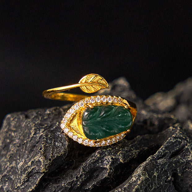 FREE Today: New Beginnings Copper Plated Gold Natural Jade Leaf Adjustable Ring