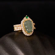 FREE Today: Positive Guidance Copper Plated Gold Natural Jade Leaf Full Diamond Adjustable Ring