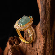 FREE Today: Positive Guidance Copper Plated Gold Natural Jade Leaf Full Diamond Adjustable Ring