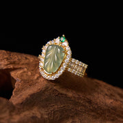 FREE Today: Positive Guidance Copper Plated Gold Natural Jade Leaf Full Diamond Adjustable Ring