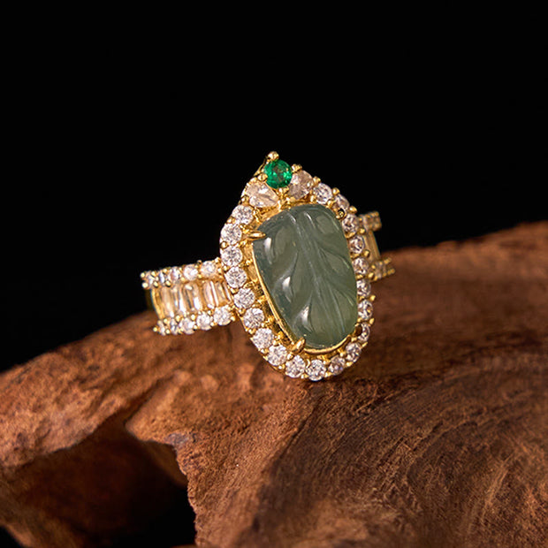 FREE Today: Positive Guidance Copper Plated Gold Natural Jade Leaf Full Diamond Adjustable Ring