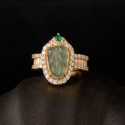 FREE Today: Positive Guidance Copper Plated Gold Natural Jade Leaf Full Diamond Adjustable Ring