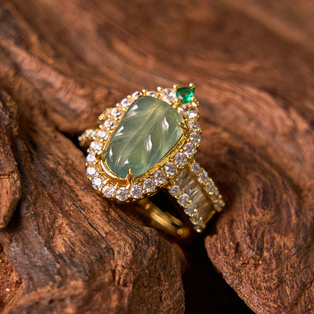 FREE Today: Positive Guidance Copper Plated Gold Natural Jade Leaf Full Diamond Adjustable Ring