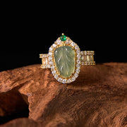 FREE Today: Positive Guidance Copper Plated Gold Natural Jade Leaf Full Diamond Adjustable Ring