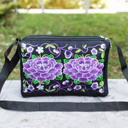 Buddha Stones Galsang Inula Flower Peony Peacock Double-Sided Embroidery Canvas Shopping Purse Handbag Crossbody Bag Crossbody Bag&Shoulder Bag BS Purple Peony