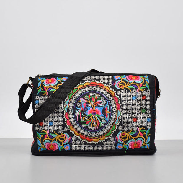 Buddha Stones Galsang Inula Flower Peony Peacock Double-Sided Embroidery Canvas Shopping Purse Handbag Crossbody Bag Crossbody Bag&Shoulder Bag BS Inula Flower