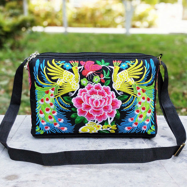 Buddha Stones Galsang Inula Flower Peony Peacock Double-Sided Embroidery Canvas Shopping Purse Handbag Crossbody Bag