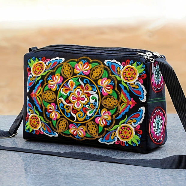 Buddha Stones Galsang Inula Flower Peony Peacock Double-Sided Embroidery Canvas Shopping Purse Handbag Crossbody Bag Crossbody Bag&Shoulder Bag BS Galsang Flower