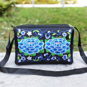 Buddha Stones Galsang Inula Flower Peony Peacock Double-Sided Embroidery Canvas Shopping Purse Handbag Crossbody Bag Crossbody Bag&Shoulder Bag BS Blue Peony